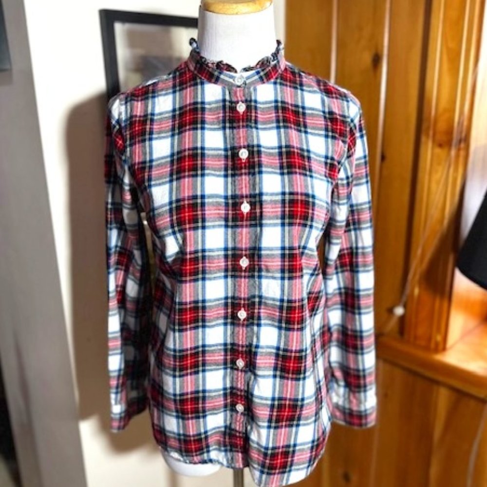 J. CREW Red Blue White Tartan Plaid Ruffle Collar Button Down Flannel Shirt - SP